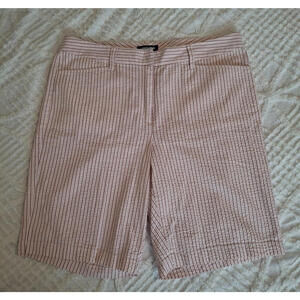 Talbots Womens 14 Seersucker Shorts Peach Purple Stripe Mid Rise Cotton Stretch